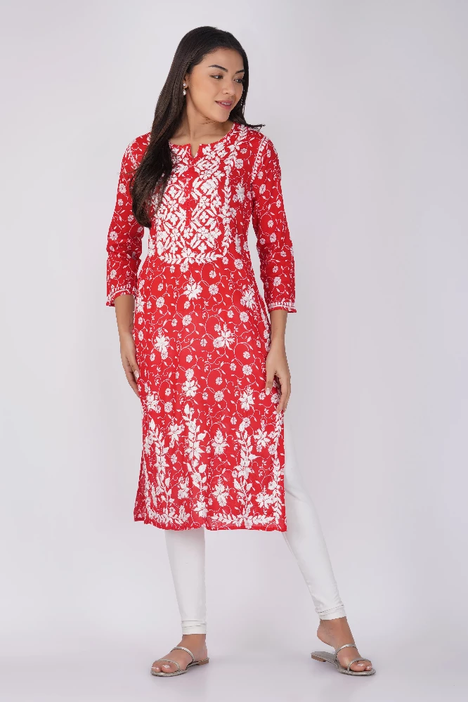 Red Malmal Cotton Chikankari Kurti-1.webp